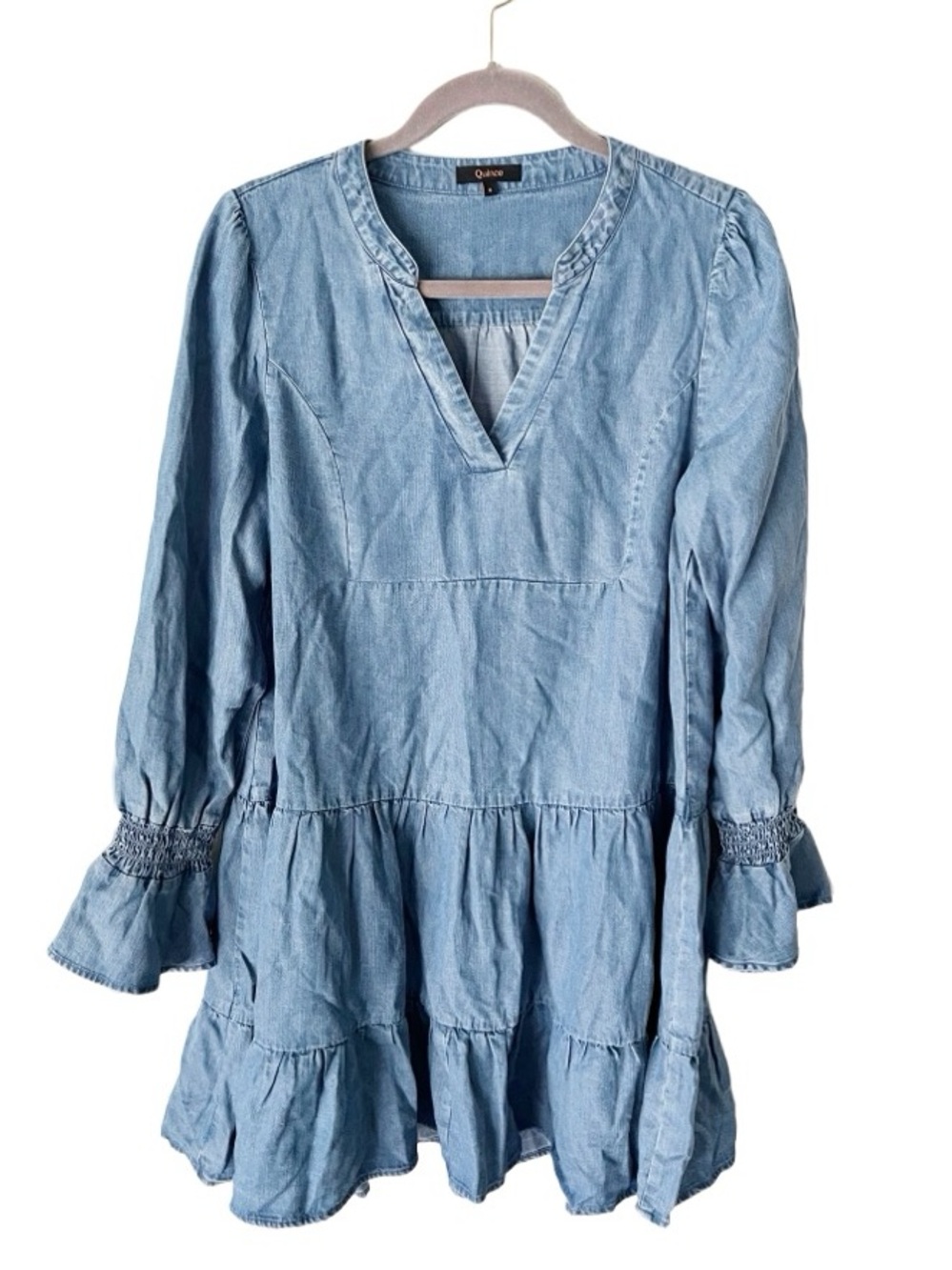 Quince Chambray Tencel Tiered Long Sleeve Mini Dress Size Small Western Bohemian